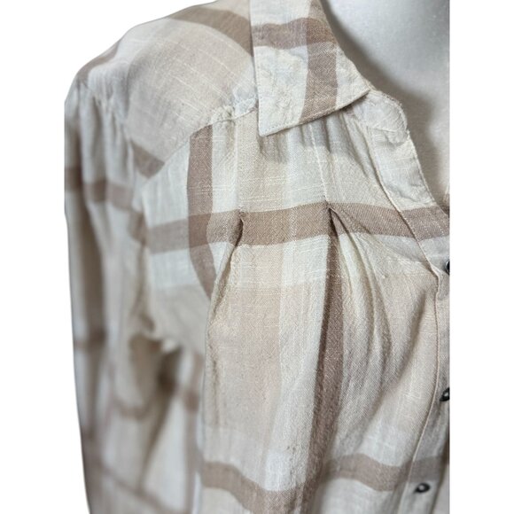 FREE PEOPLE Womens Peppy Plaid M Tunic Shirt White Brown Button Up Back Ruffle - Picture 11 of 13